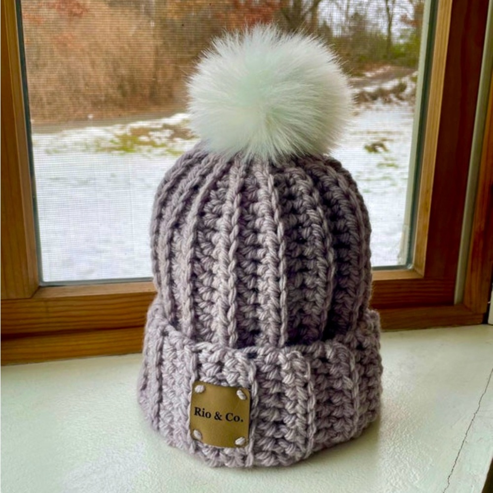 HANDMADE Lilac Purple Crocheted Adult Winter Hat | removable Faux Fur Pompom